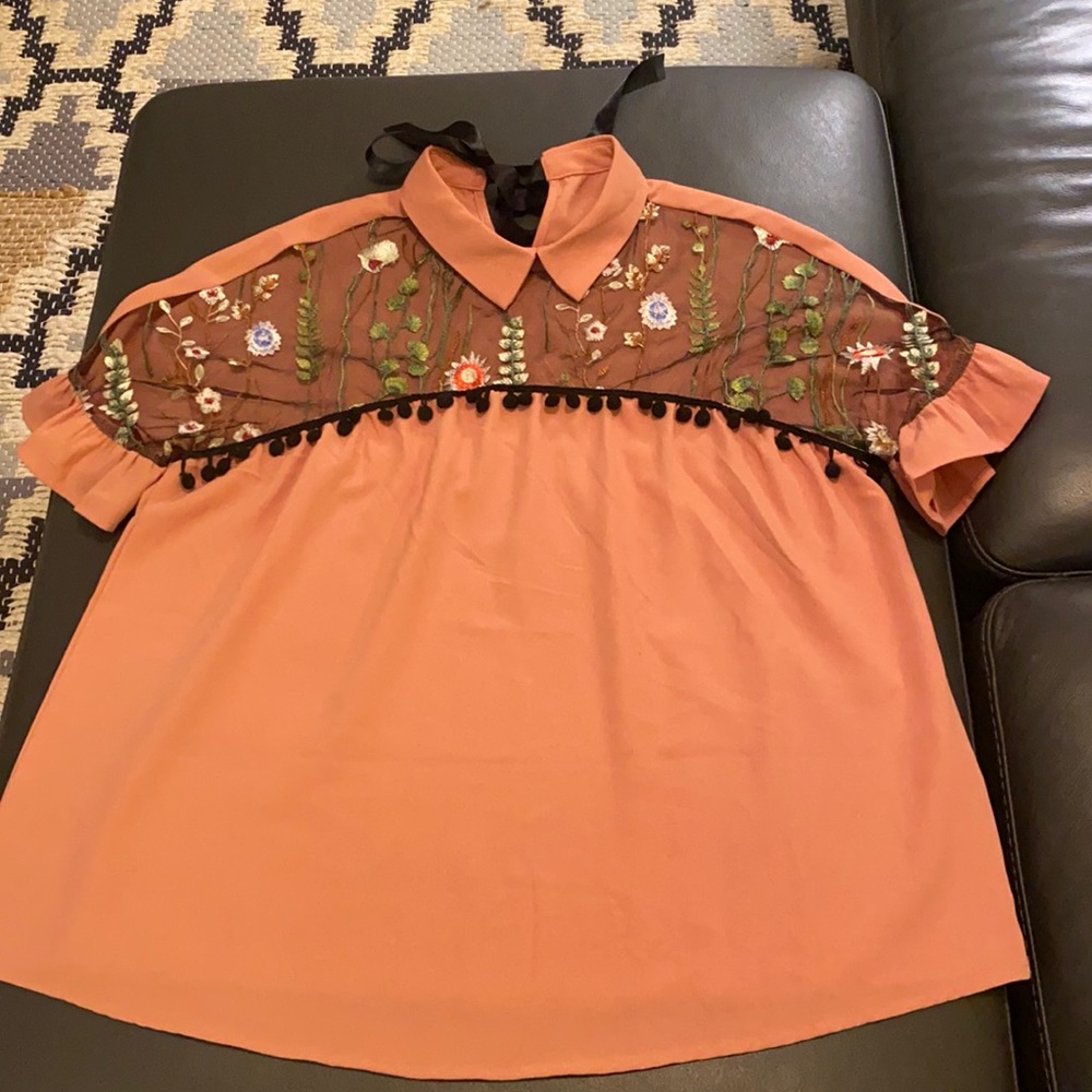 SHEIN Blush/Rose Blouse with Embroidered Flowers, Tie Back, and Pompoms - Size L